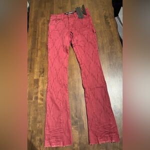 “VLOVE” BURGUNDY STACKED FLARE JEAN